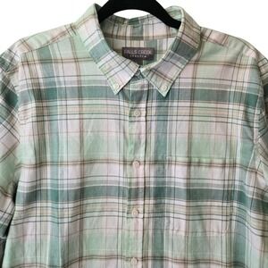 Falls Creek Stretch Mens Large Green Plaid Long Sleeve Button Down Shirt L
